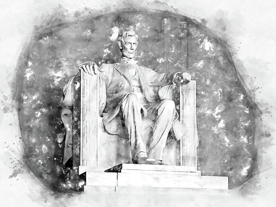 Abraham Lincoln Painting - Lincoln Memorial black and white watercolor by SP JE Art