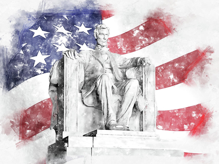 Abraham Lincoln Painting - Lincoln Memorial watercolor American flag waving in background by SP JE Art