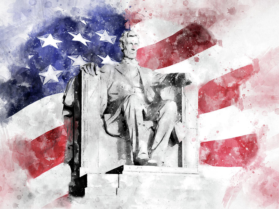 Lincoln Memorial Watercolor With American Flag Painting