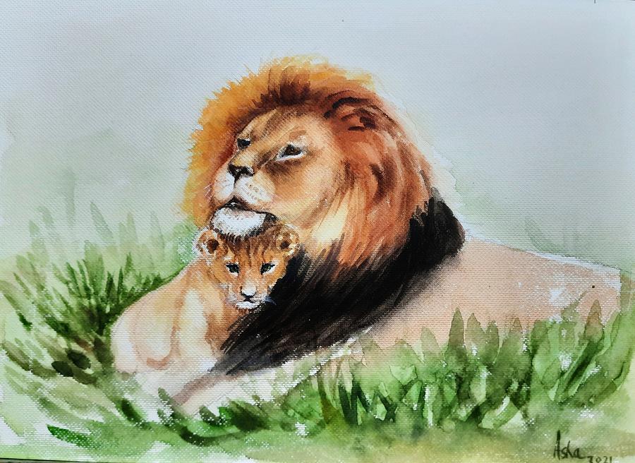 Lion and cub Painting by Asha Sudhaker Shenoy