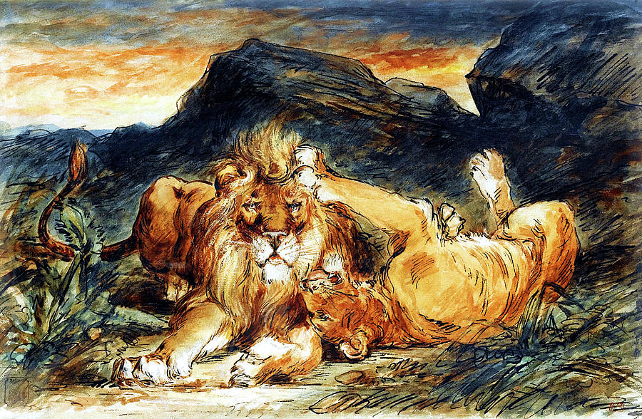 Lion and Lioness Painting by Follower of Eugene Delacroix - Fine Art ...