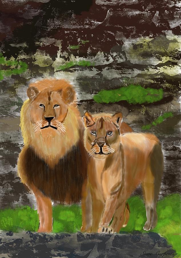Lion and Mate Drawing by Steve Carpentier