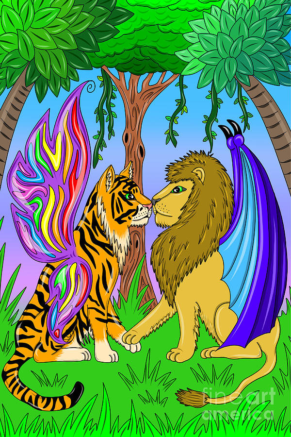 Lion And Tiger With Wings Digital Art