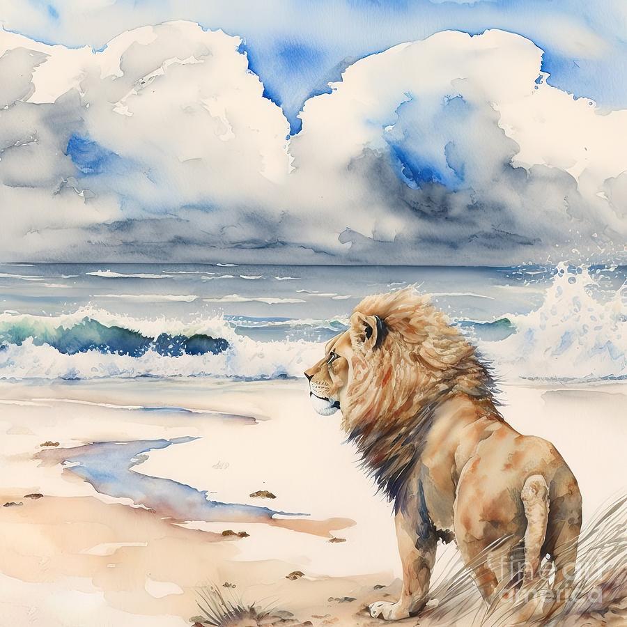 Nature Painting - Lion At Beach by N Akkash