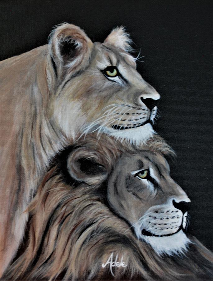 Lion Couple Painting by Adele Moscaritolo