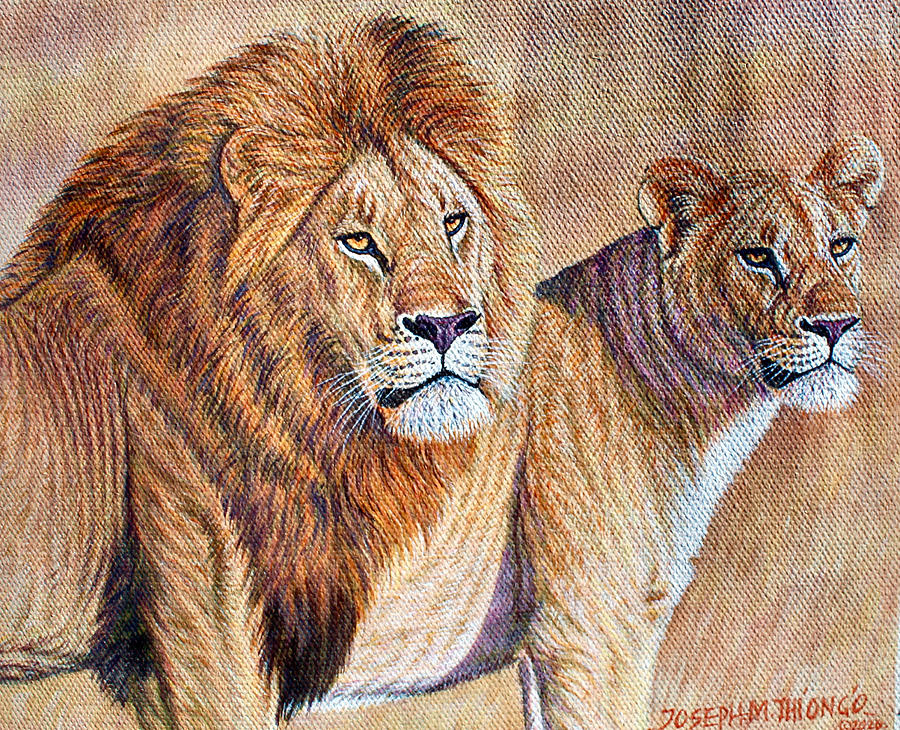 Lion Couple Painting by Joseph Thiongo