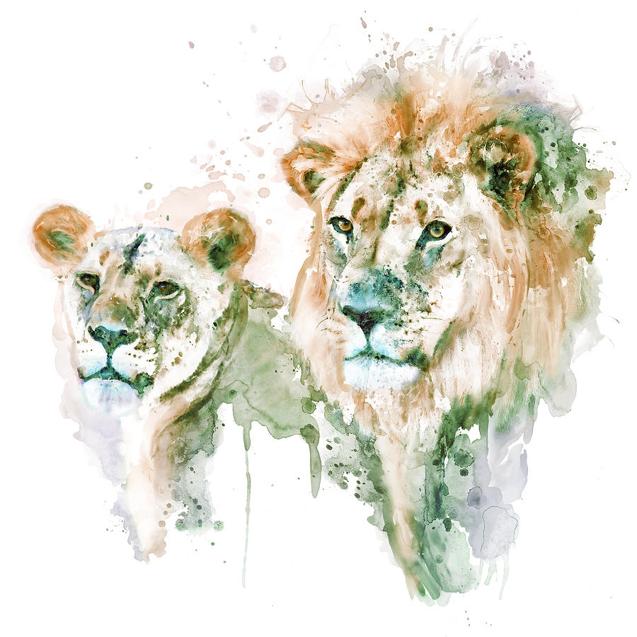 Lion Couple Watercolor Portrait Painting by Marian Voicu