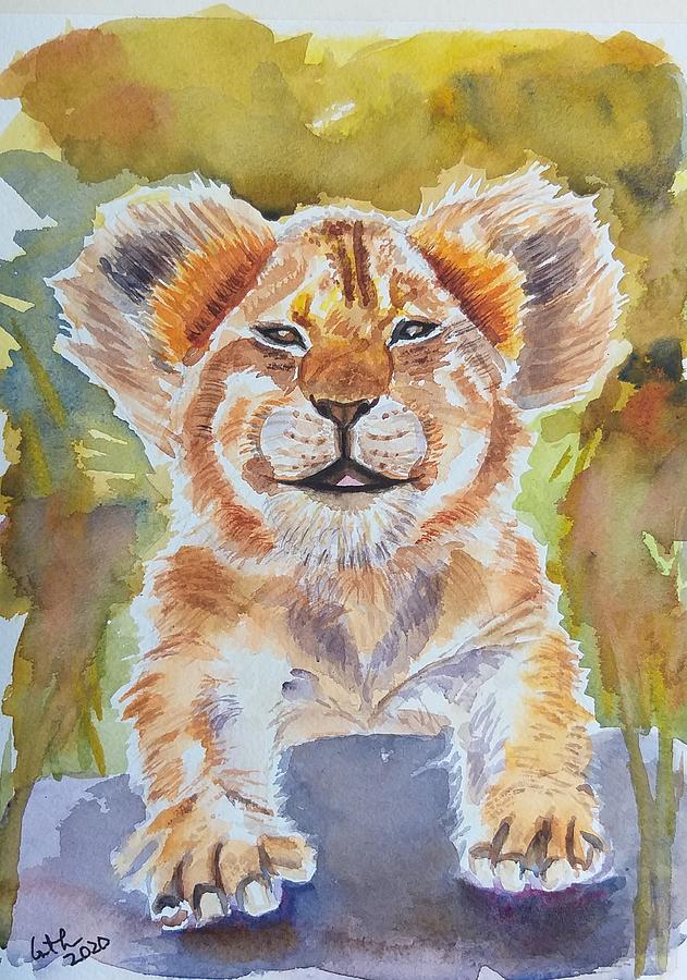 Lion Painting - Lion cub, animal watercolor  by Geeta Yerra