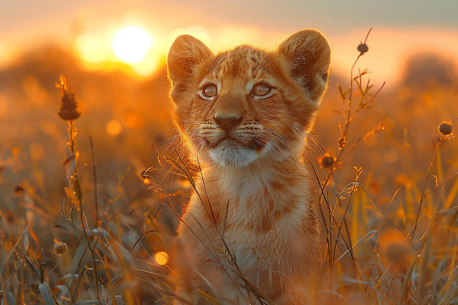 Wildlife Photograph - Lion cub in a field at sunset, with warm golden light and soft focus background. by David Mohn