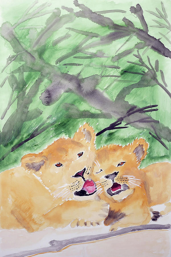Animal Painting - Lion Cubs by Wynn Derr