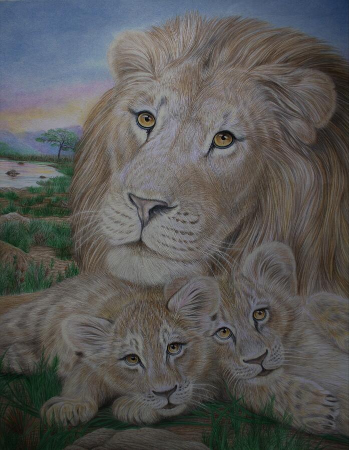 Maned Lion Drawing - Lion Family Snuggling under African Sunset by Deidra Smith