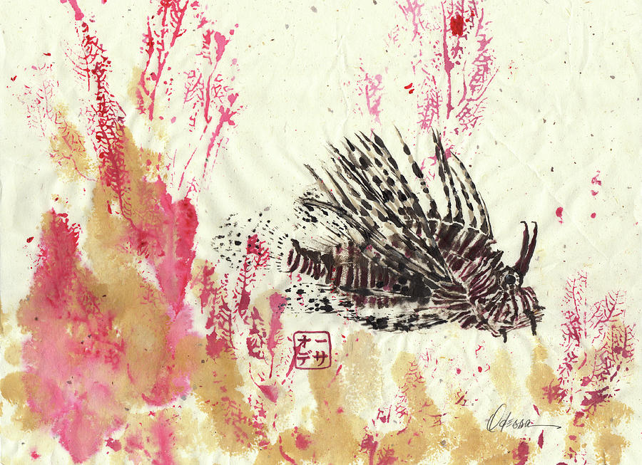 Gyotaku Painting - Lion Fish in Coral by Odessa Kelley