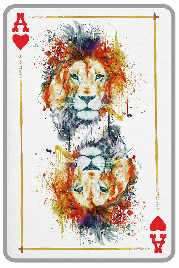 Wildlife Mixed Media - Lion Head Ace of Hearts Playing Card by Marian Voicu