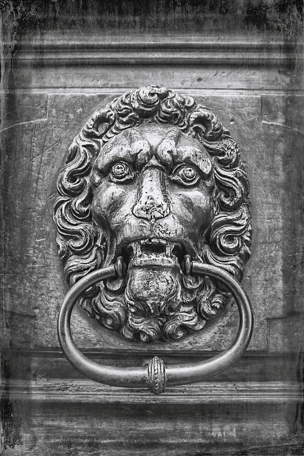 Vintage Photograph - Lion Head Door Knocker Geneva Black and White  by Carol Japp