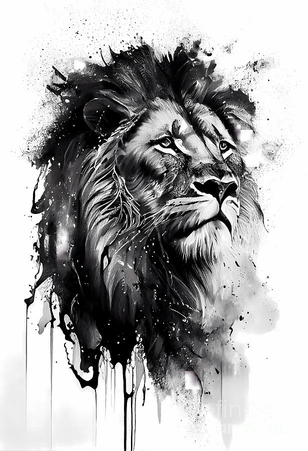 lion Ink Drawing In Splash of Inked Black and White Animal Intricate ...