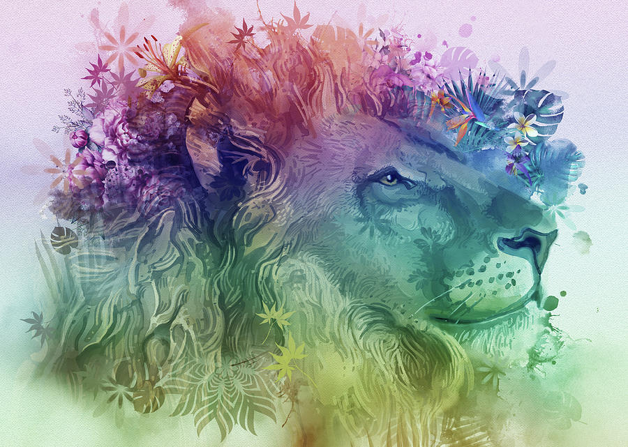 Lion Portrait Floral Digital Art
