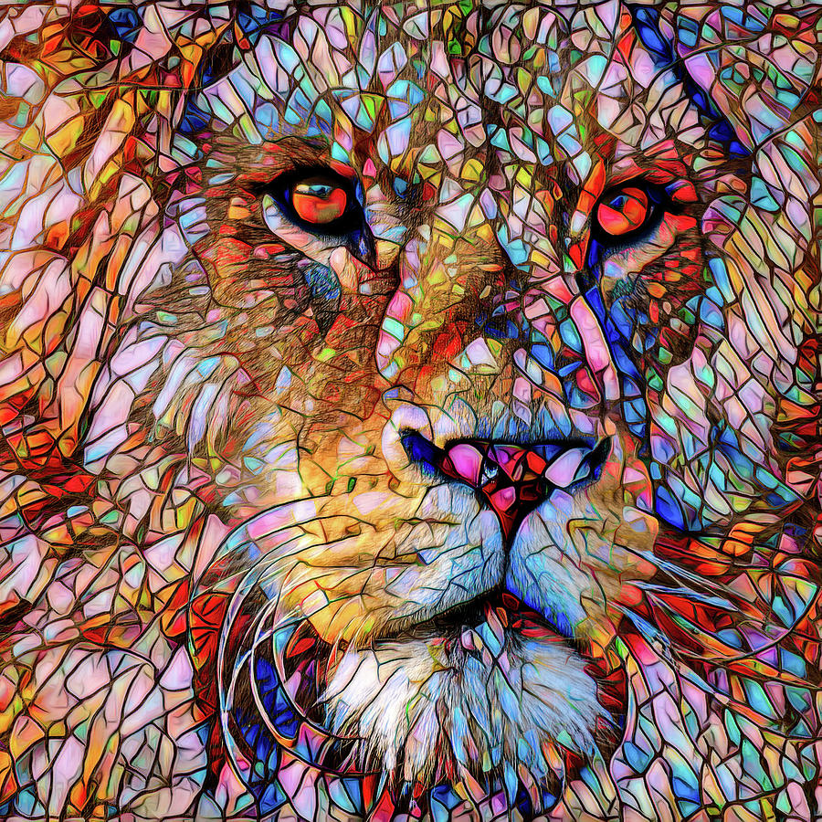 Lion Portrait Stained Glass Mosaic Effect Digital Art by Matthias Hauser
