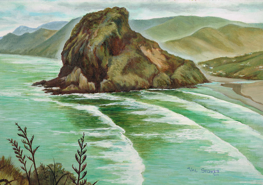 Lion rock-Piha Painting by Val Stokes
