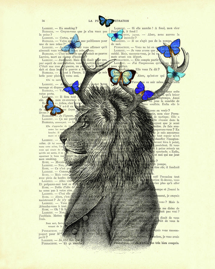 Butterfly Digital Art - Lion with antlers and blue butterflies by Madame Memento