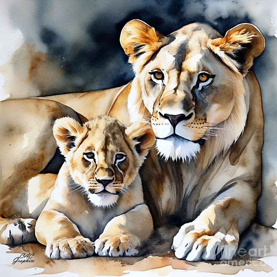 Lioness And Cub Painting by CAC Graphics - Fine Art America