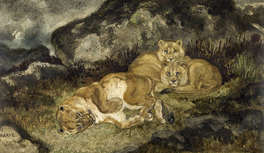 Lioness and Cubs Drawing by Antoine Louis Barye