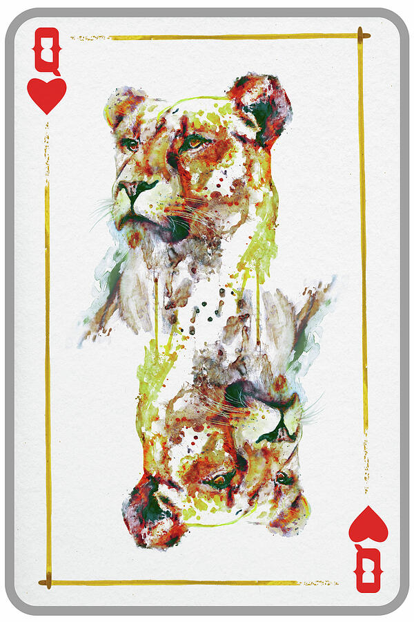 Lioness Head Queen of Hearts Playing Card Mixed Media by Marian Voicu