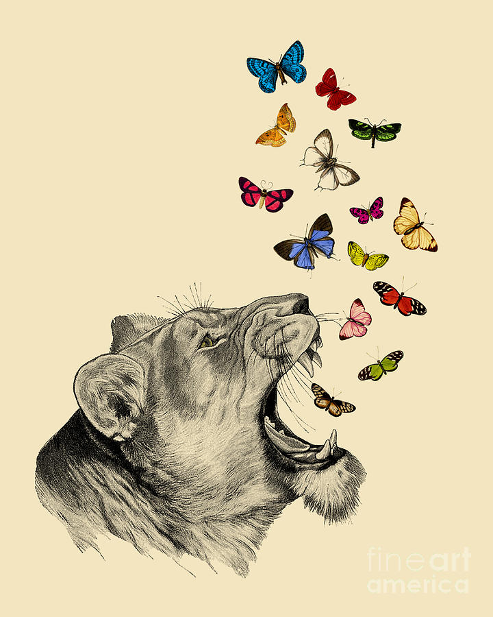 Butterfly Digital Art - Lioness with butterflies by Madame Memento