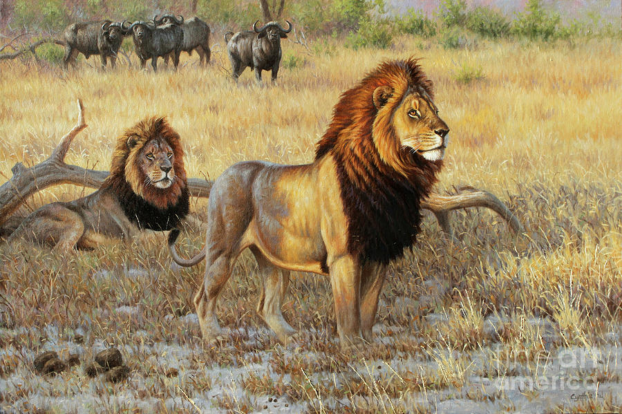 Lions And Buffalos Painting by Cynthie Fisher