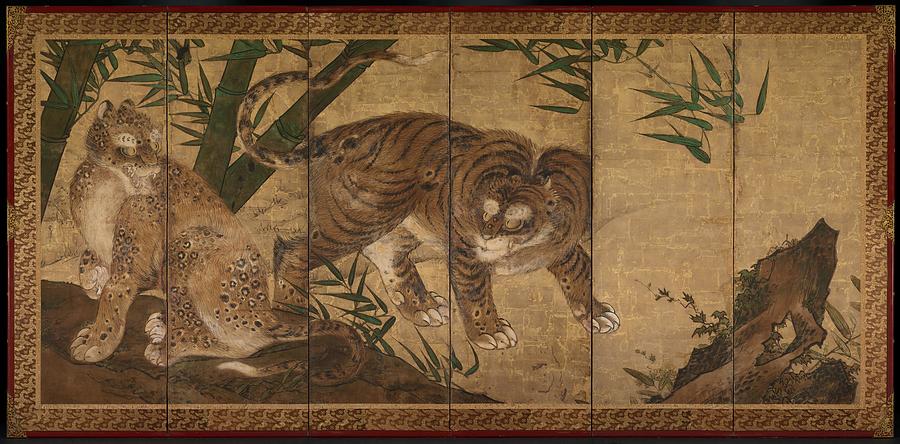Tiger Painting - Lions and Tigers in Peony and Bamboo by Yamaguchi Sekkei Shan Kou  Xue Tani