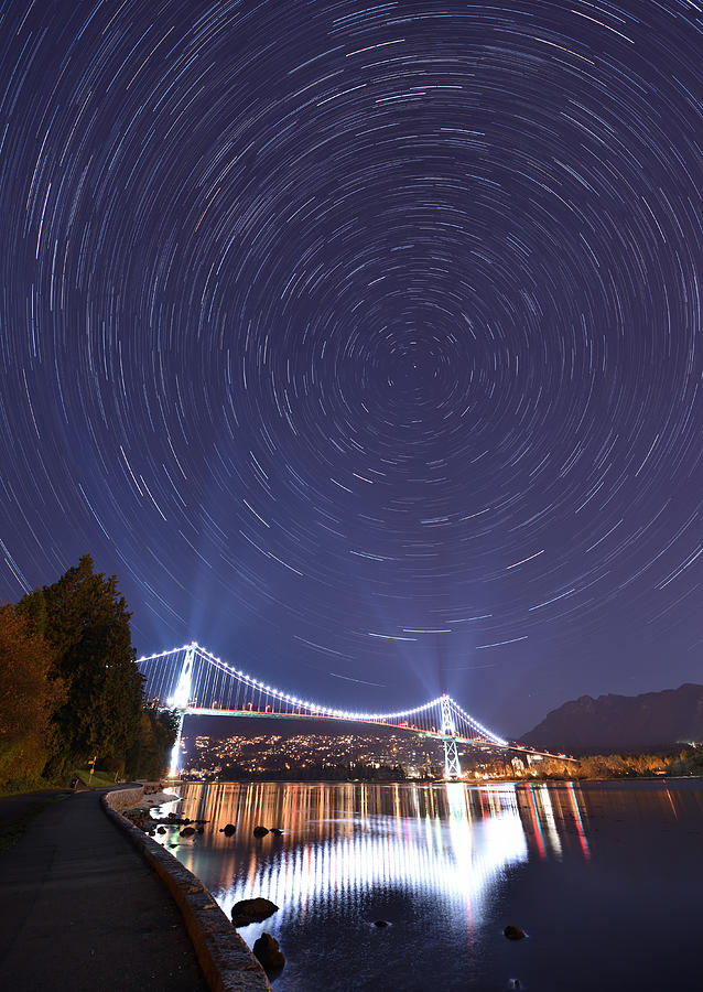 Lions Gate Bridge and Star Trails, night at Stanley Park, Vancouver Photograph by Lijuan Guo Photography