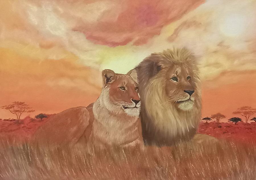 Lions in the savannah Painting by Elena Malykhina