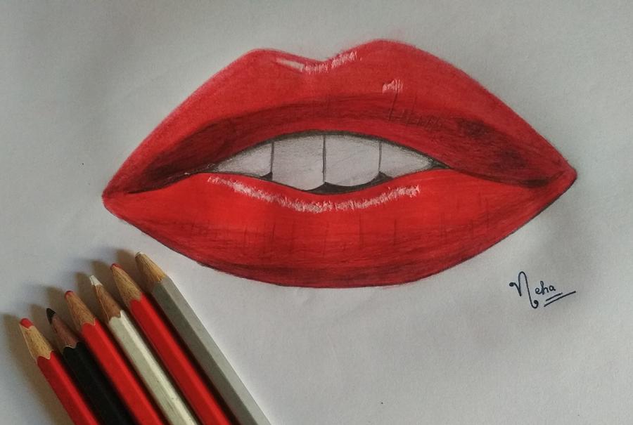 Bite sexy lips drawing - Red lips biting retro icon 