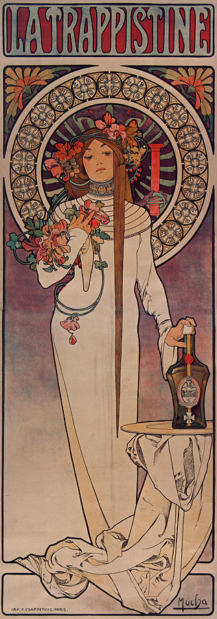 LIQUEUR Parisian distillers Alphonse Mucha 1897 La Trappistine Drawing ...