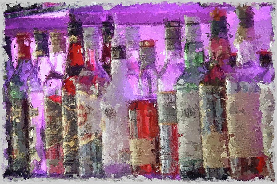 Liquor bottles on shelf Digital Art by Amy Curtis