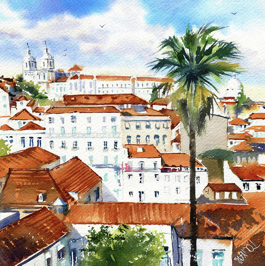Lisbon Alfama View Painting Painting by Dora Hathazi Mendes