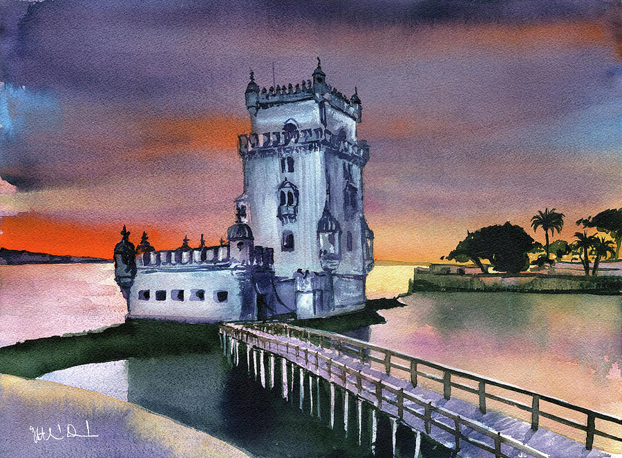 Lisbon Belem Tower at Dusk Painting by Dora Hathazi Mendes