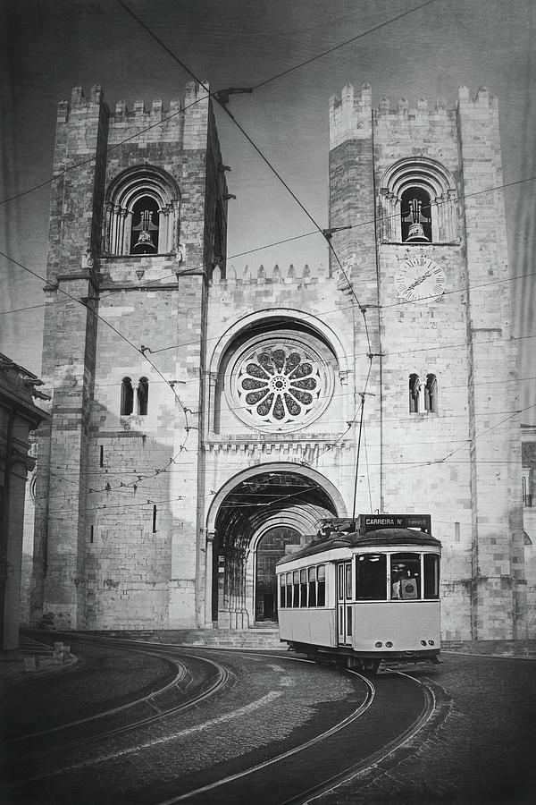 Lisbon Cathedral and Classic Tram Black and White Photograph by Carol Japp