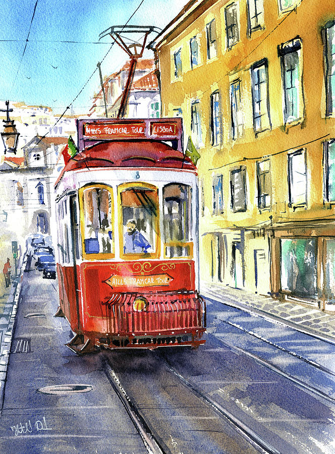 Lisbon Historical Red Tram Painting Painting by Dora Hathazi Mendes