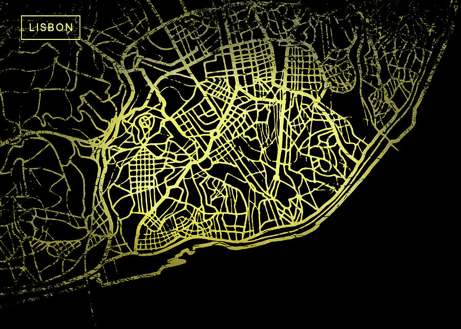 Lisbon Map in Gold and Black Digital Art by Sambel Pedes