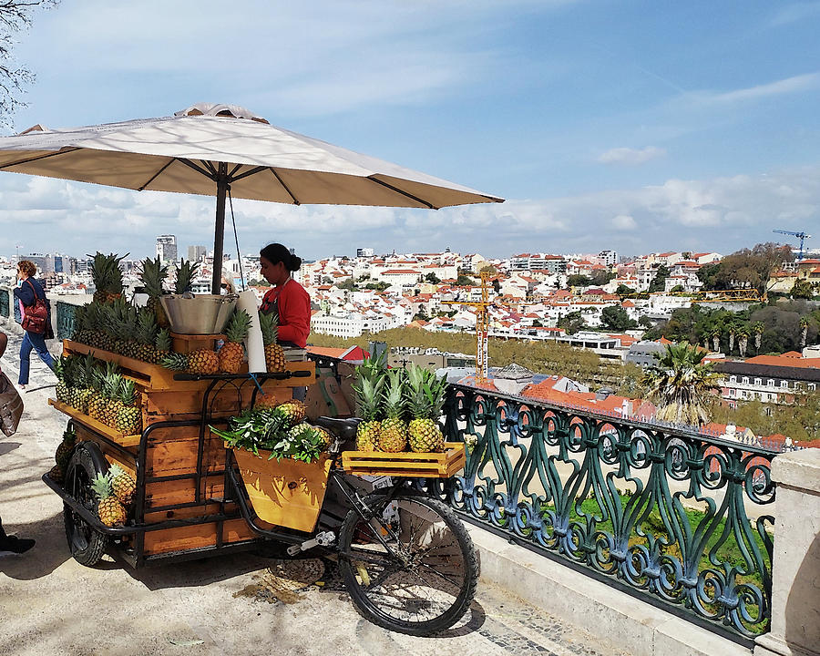 Lisbon Pineapple Stand With Bicycle And Umbrella Historical Downtown View  Digital Art by Irina Sztukowski