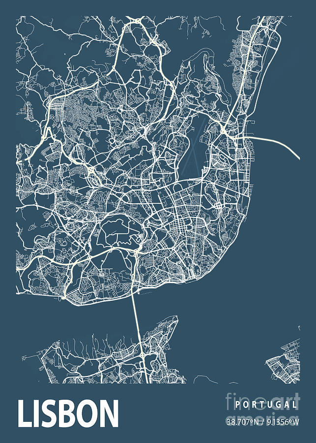 Lisbon Portugal Blueprint City Map Digital Art By Tien Stencil Pixels 5995