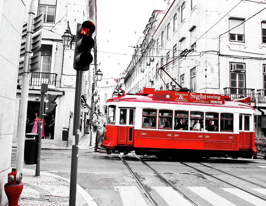 Red Trolley in Lisbon, Portugal Photograph by David Morehead