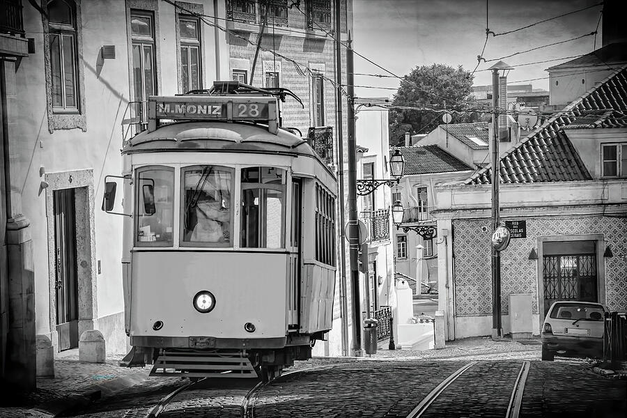 Lisbon Portugal Tram 28 Black and White  Photograph by Carol Japp
