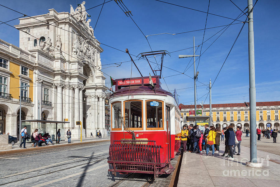 Lisbon Praca de Comercio and Red Tram Photograph by Colin and Linda McKie
