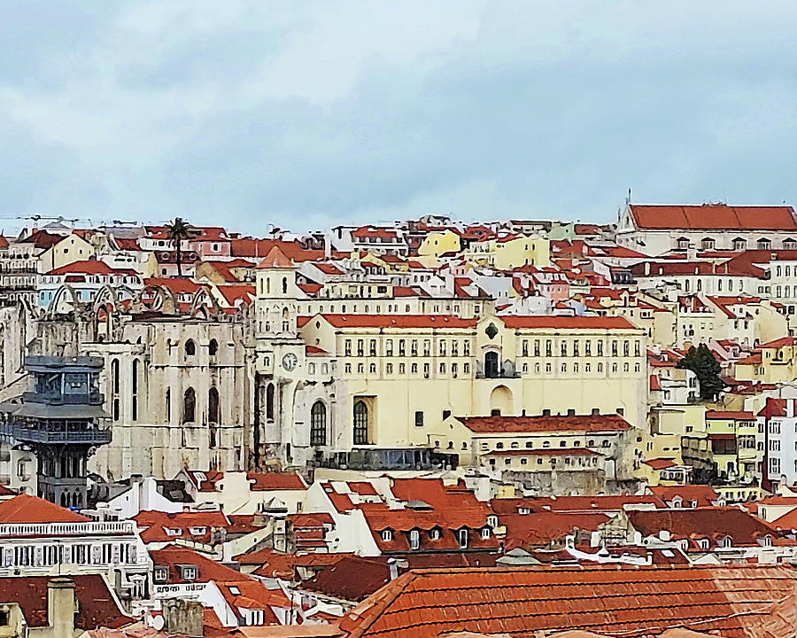 Lisbon Roofs And Famous Elevator The Lift Portugal  Digital Art by Irina Sztukowski