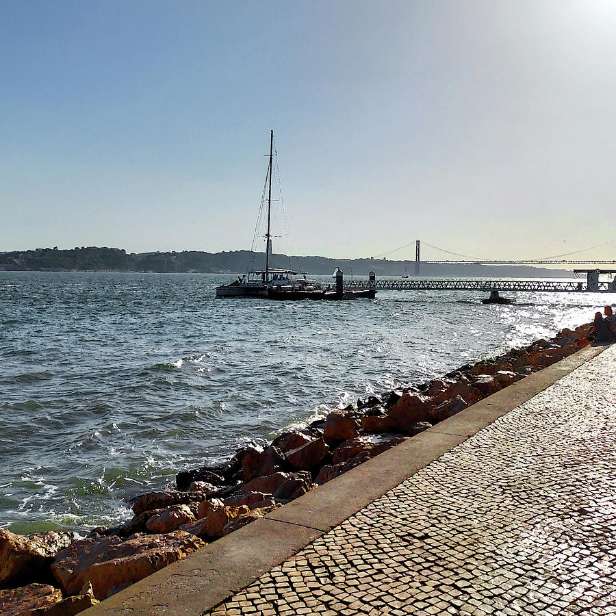 Lisbon Shore View To Tagus River Bridge Twenty Fifth Of April Boat And Ocean  Painting by Irina Sztukowski