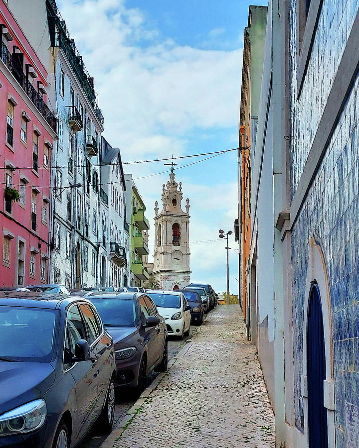 Lisbon Street Portugal With Tiles And Cathedral  Digital Art by Irina Sztukowski