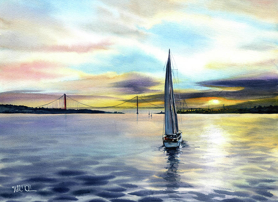 Lisbon Sunset Sailing Painting by Dora Hathazi Mendes