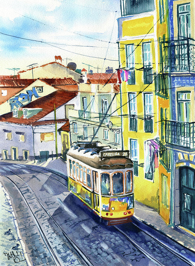 Lisbon Tram 28 Painting Painting by Dora Hathazi Mendes