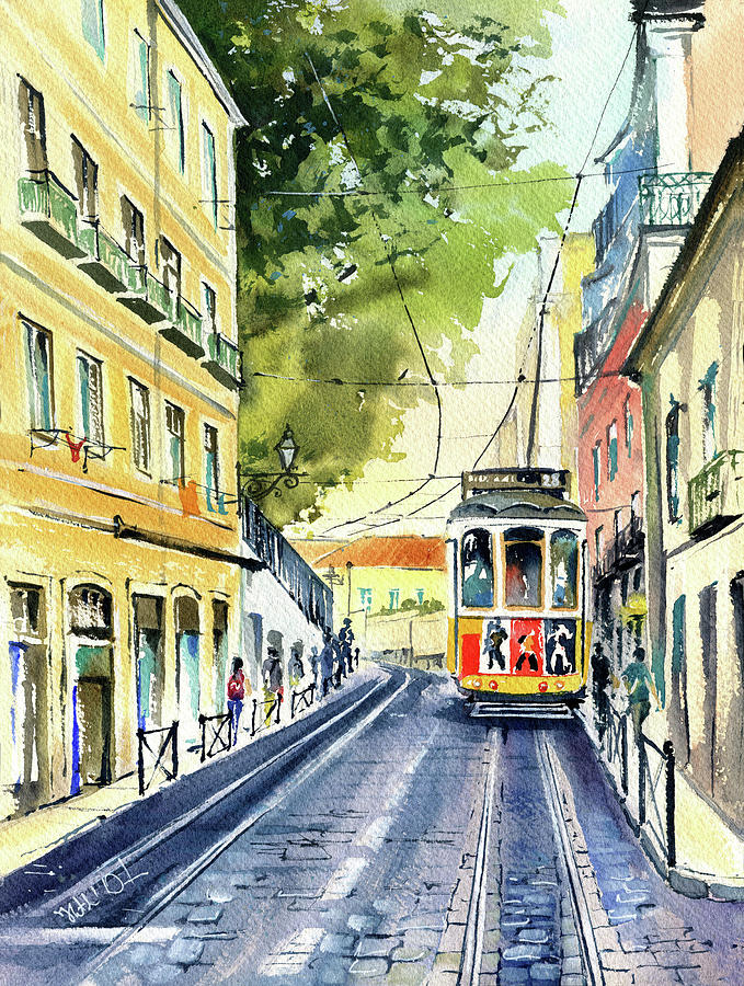 Lisbon Tram at Rua Augusto Rosa Painting by Dora Hathazi Mendes